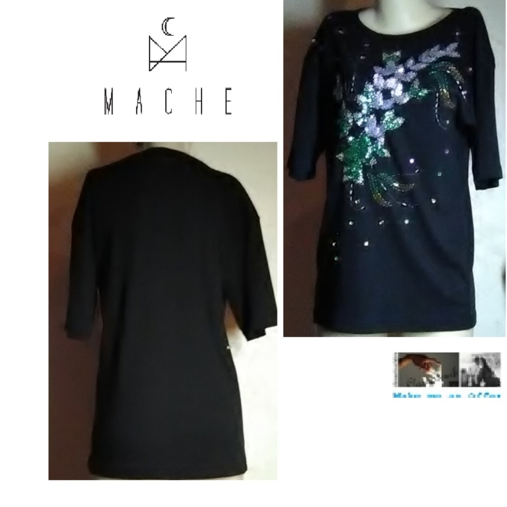 Mache Black Sequin Vintage Knit Shirt Size S
